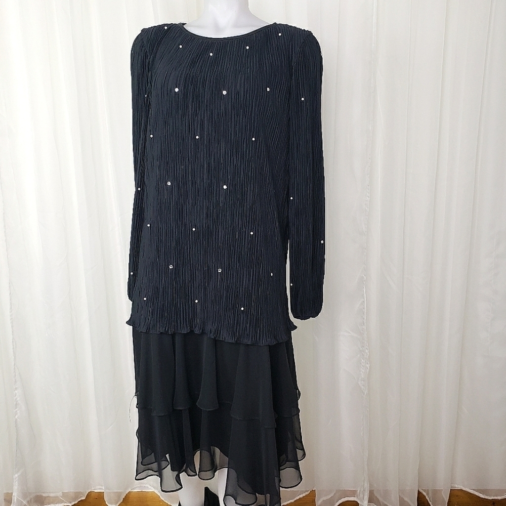 Vintage After Dark Black Layered Midi Formal Dress Chiffon Rhinestone Large